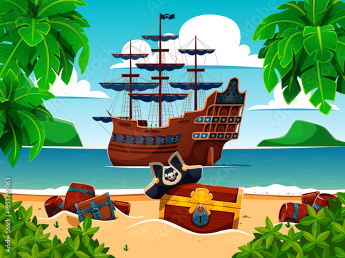 Pirate sail ship and treasure chest on the tropical Caribbean island. Cartoon vector old corsair vessel near the beach with palm trees, wooden trunk, barrels and pirate hat on sand sea adventure scene