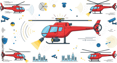 Surveillance helicopter set with radar and security systems, modern aviation monitoring illustration collection, police and rescue aircraft vector for technology design