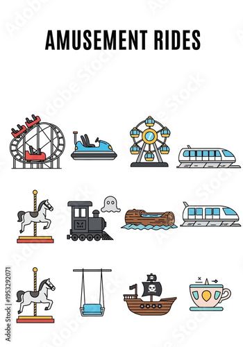 Vector icons of various amusement park rides arranged in three rows