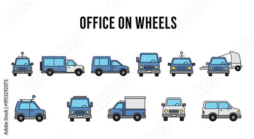Illustration of ten blue and white vehicles arranged in two rows under the text OFFICE ON WHEELS