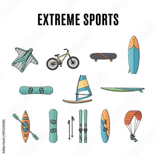Illustration of various extreme sports equipment and a wingsuit flyer