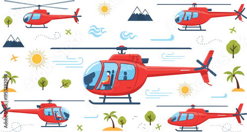 Red helicopter flying in nature landscape set with mountains and trees, cartoon aviation illustration collection, transport vehicle vector for travel and adventure design