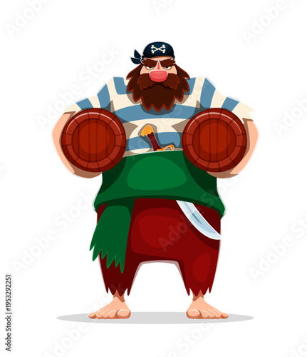 Cartoon pirate character with wooden barrels. Vector personage with beard and mustache, wearing black bandana, striped shirt, green belt, and ripped pants. Charismatic pirate with sword and barrels
