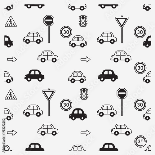 Car and traffic seamless pattern, Transportation repeat texture for kids, Hand drawn cars background wallpaper, Road safety and traffic vector, City transport vehicle pattern, Little cars and signs pa