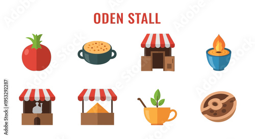 Eight flatstyle icons related to an Oden stall arranged in two rows