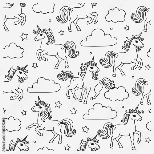 Unicorn and clouds seamless pattern, Cute magical unicorn repeat texture, Hand drawn unicorn background wallpaper, Whimsical fantasy animal pattern, Little unicorn and clouds vector, Childlike magical