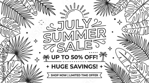 July Summer Sale Banner with Tropical Foliage