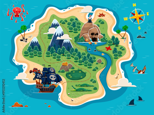 Tropical Caribbean island map with pirate treasures and path to them, vector background. Pirate map of sea or ocean island with corsair ship, octopus and sharks on way to skull rock with treasures