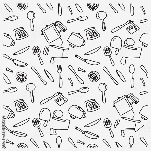 Kitchen utensils seamless pattern, Cooking tools background wallpaper, Culinary tools repeat texture, Seamless kitchen fabric design, Hand drawn utensils pattern, Kitchenware decorative background vec