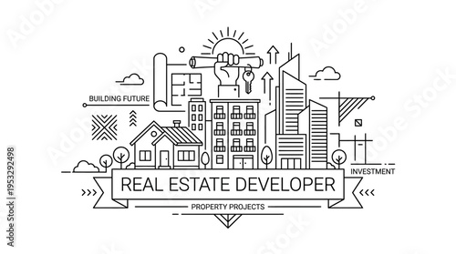Real Estate Developer Concept with Buildings and Hand Holding Scroll