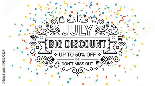 July Big Discount Sale Banner with Confetti