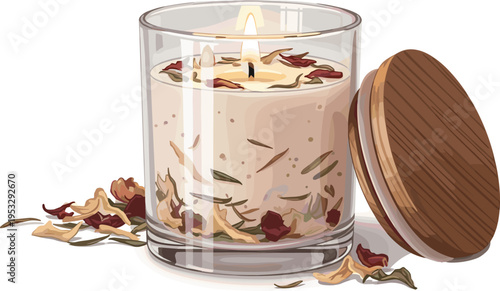 Herbal scented candle in glass jar with dried flowers and wooden lid, natural aromatherapy spa illustration for relaxation and wellness design