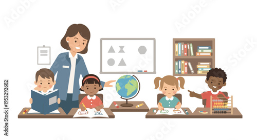 A friendly teacher guides a diverse group of four young students as they engage in reading, drawing, and counting within a bright classroom.