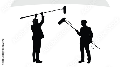 Film crew members operating lighting and camera equipment on a set isolated on white background, Vector, illustration