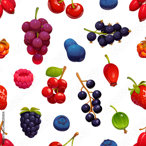 Cartoon ripe berry fruits seamless pattern. Vector pattern featuring strawberries, raspberries, blueberries, blackberries, grape, cherry and currants. Textile design, summer packaging