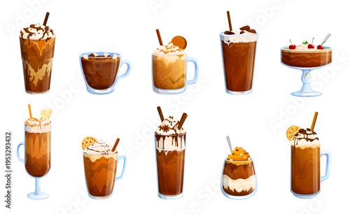 Chocolate dessert and coffee drinks of iced coffee. Creamy cappuccino and chocolate milkshake with whipped cream swirls, syrup topping, caramel drizzle and dark chocolate layers, cookies, marshmallow