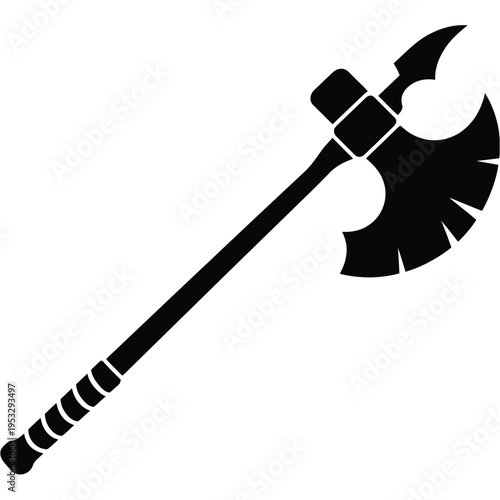 Black and white illustration of a battle axe with a long wooden handle isolated on white background, Vector, illustration