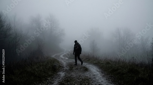 A person walking on a foggy path in a forest, with trees and a cloudy sky in the background.