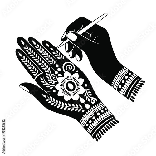 Intricate henna design being applied to a hand with traditional patterns and details isolated on white background, Vector, illustration
