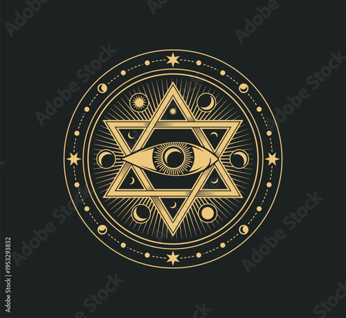 Mystical, magic and astrology occult symbol, esoteric mason sign. Vector symbol all seeing eye inside of six pointed star with radiant sun rays and moon phases. Spiritual magic emblem, alchemy amulet