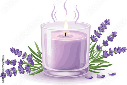 Lavender scented candle in glass jar with blooming flowers, aromatherapy spa illustration, relaxing wellness decor vector for beauty and self care design