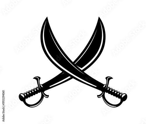 Crossed battle pirate sabers icon, corsair sword blades and daggers cross. Vector black pirate weapon emblem, symbol of swashbuckling fights, war, danger, adventure and daring voyages on the high seas