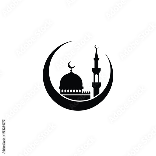 Islamic architecture symbol featuring a mosque and crescent moon isolated on white background, Vector, illustration