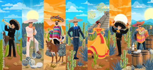 Mexican festival characters in national costumes. Cartoon vector mariachi musicians, dancers in traditional dress, men in sombrero or poncho, jimador harvester worker, cowboy charro, donkey with agave