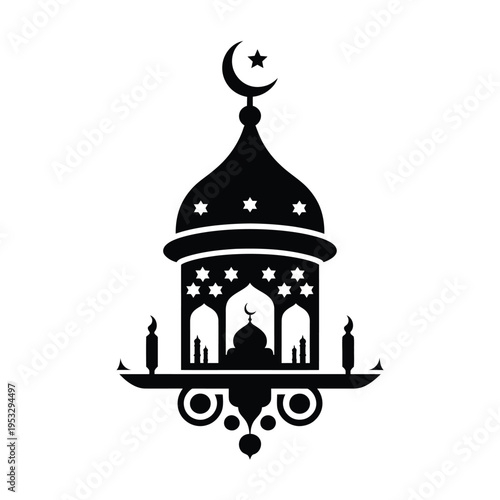 Elegant silhouette of a mosque with a crescent moon and star adornment isolated on white background, Vector, illustration