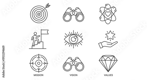 mission vision values line icons set depicting core business strategy organizational planning and corporate identity for presentations.