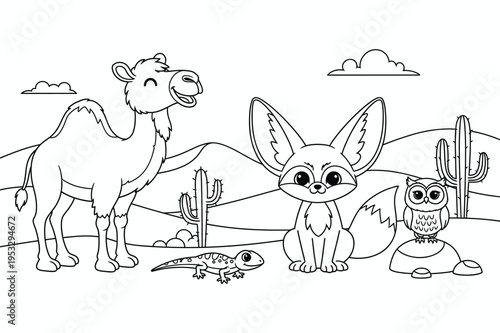 Desert Animals Camel Fox Owl Kids Coloring Page Line Art Printable
