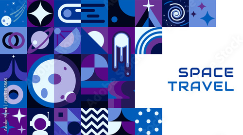 Modern poster with galaxy space geometric pattern and abstract shapes, vector background. Space pattern of geometric line mosaic galaxy planets, stars and spaceman or alien UFO and rocket spaceship