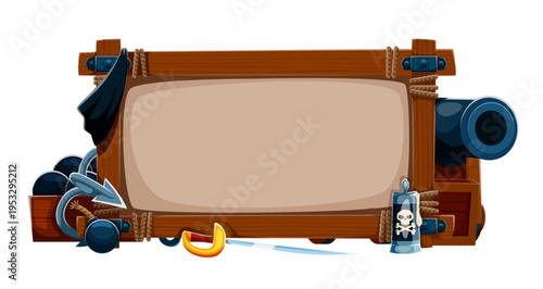 Pirate wooden frame with corsair cannon and weapons. Rugged timbered framework with dynamite, anchor, cannonballs, sword, bandana and treasure chest. Cartoon vector frame for nautical game interface