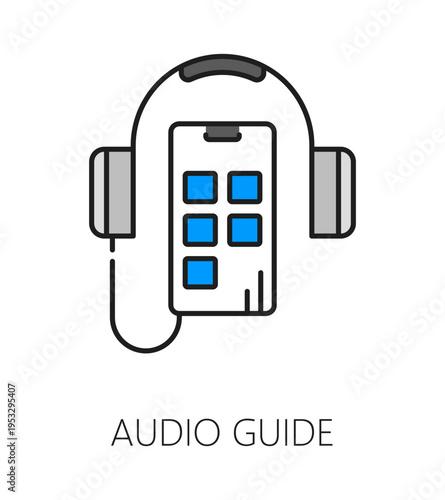 Museum and art gallery exhibition color line icon of audio guide, vector pictogram. Museum exhibition and art gallery icon of audio guide device with headphones for tourist or visitor tour information