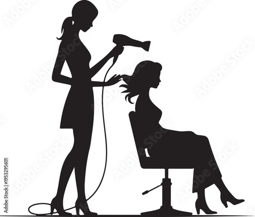 Silhouette of hairdresser drying client's hair with blow dryer