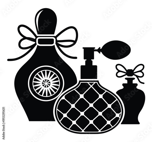 Elegant black perfume bottles with decorative accents and intricate designs isolated on white background, Vector, illustration