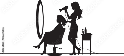 Silhouette of hairdresser drying client's hair with blow dryer in