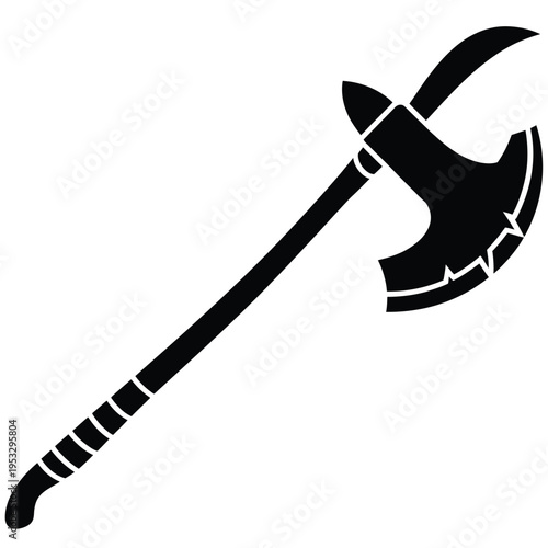 Ancient battle axe with a long wooden handle and double-edged blade isolated on white background, Vector, illustration