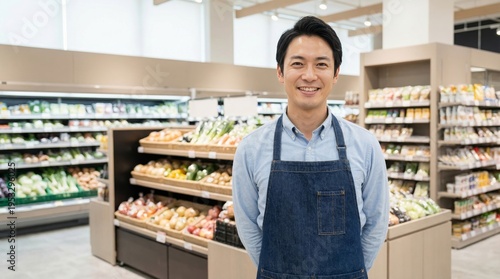 Smiling Grocery Store Clerk: A cheerful store clerk in an apron stands proudly in a clean, well-stocked grocery store, inviting customers with a warm smile and professional demeanor.