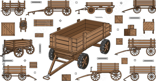 Wooden cargo wagons and crates set with rustic transport carts, agricultural farm vehicles collection, vintage storage and hauling illustration for rural design