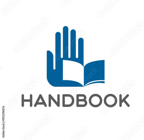 Book, education and handbook icon with hand and open book symbol representing education and guidance. Vector emblem for learning manuals, instruction materials and knowledge, blue and white label