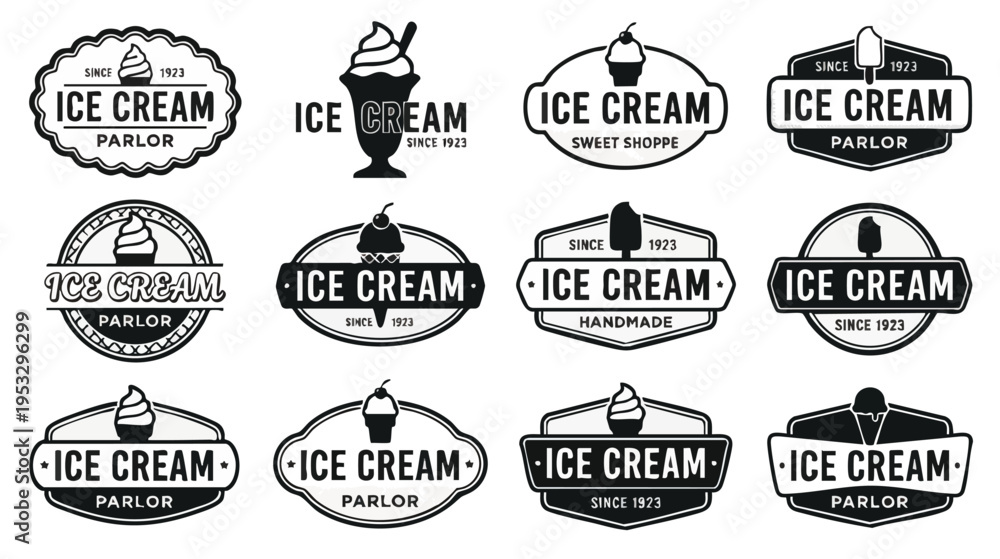 Fototapeta premium Collection of vintage style ice cream parlor logos featuring classic designs with ice cream elements