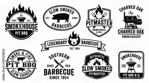 Collection of Smokehouse Barbecue Labels Featuring Vintage Designs Highlighting Pit BBQ and Slow Cooking