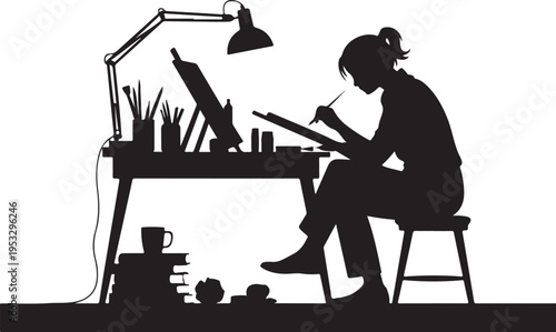 Woman sitting at desk with pencil lamp supplies