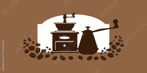 Vintage coffee grinders and beans illustration on a brown background