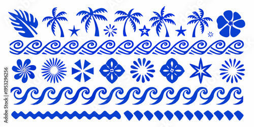 Blue tropical pattern featuring palms waves flowers and geometric shapes