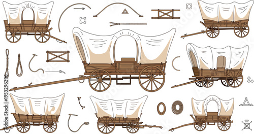 Covered wagon set with canvas transport carts and parts, vintage western pioneer vehicles collection, detailed historical carriage illustration for frontier design
