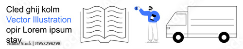 Education, logistics, publishing, delivery services, business concepts, learning. Open book, delivery truck person holding a box. Education and logistics concept in minimal style
