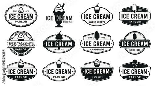 Collection of vintage style ice cream parlor logos featuring classic designs with ice cream elements