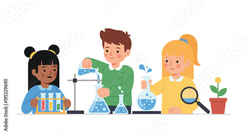 Three curious children engage in a fun science experiment with colorful liquids in beakers and test tubes at a lab table.